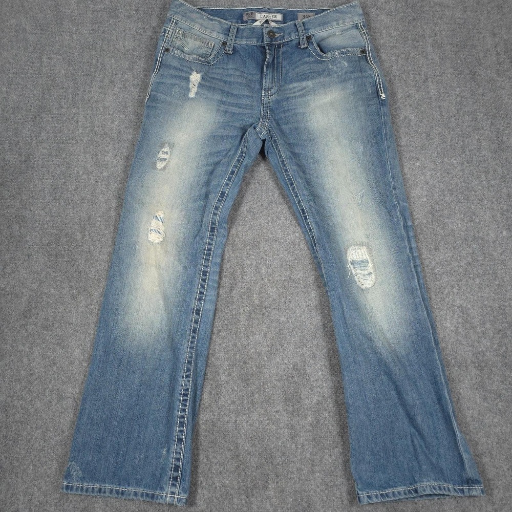 BKE Denim Carter Bootleg Jeans Mens 34S Medium Wash Distressed Ripped Denim